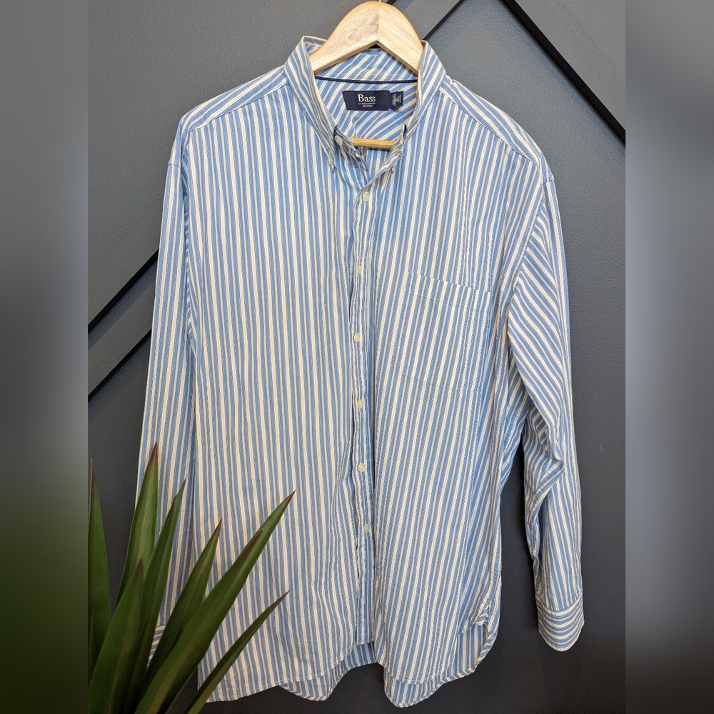Bass Men's Blue and White/Yellow Striped Casual Shirt, Size XL